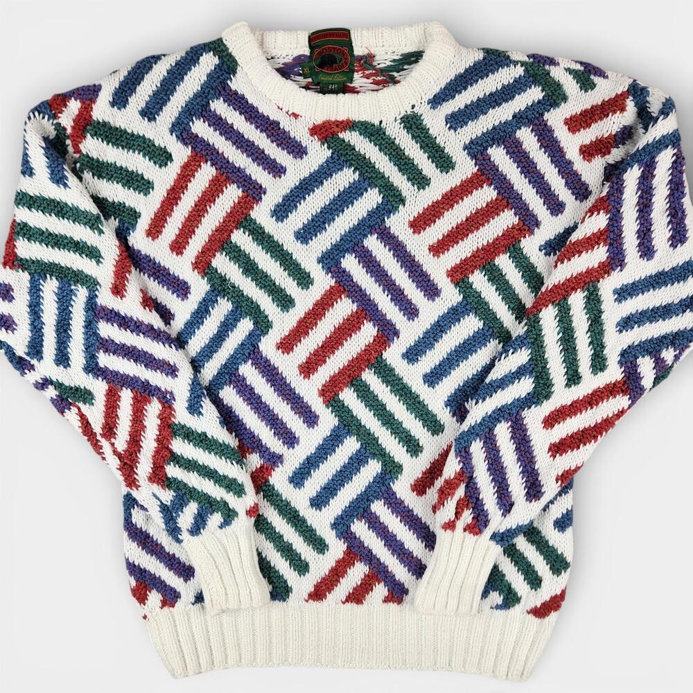 Vintage Boston Traders Sweater Adult XL Multicolor Geometric Hand Knit Cotton